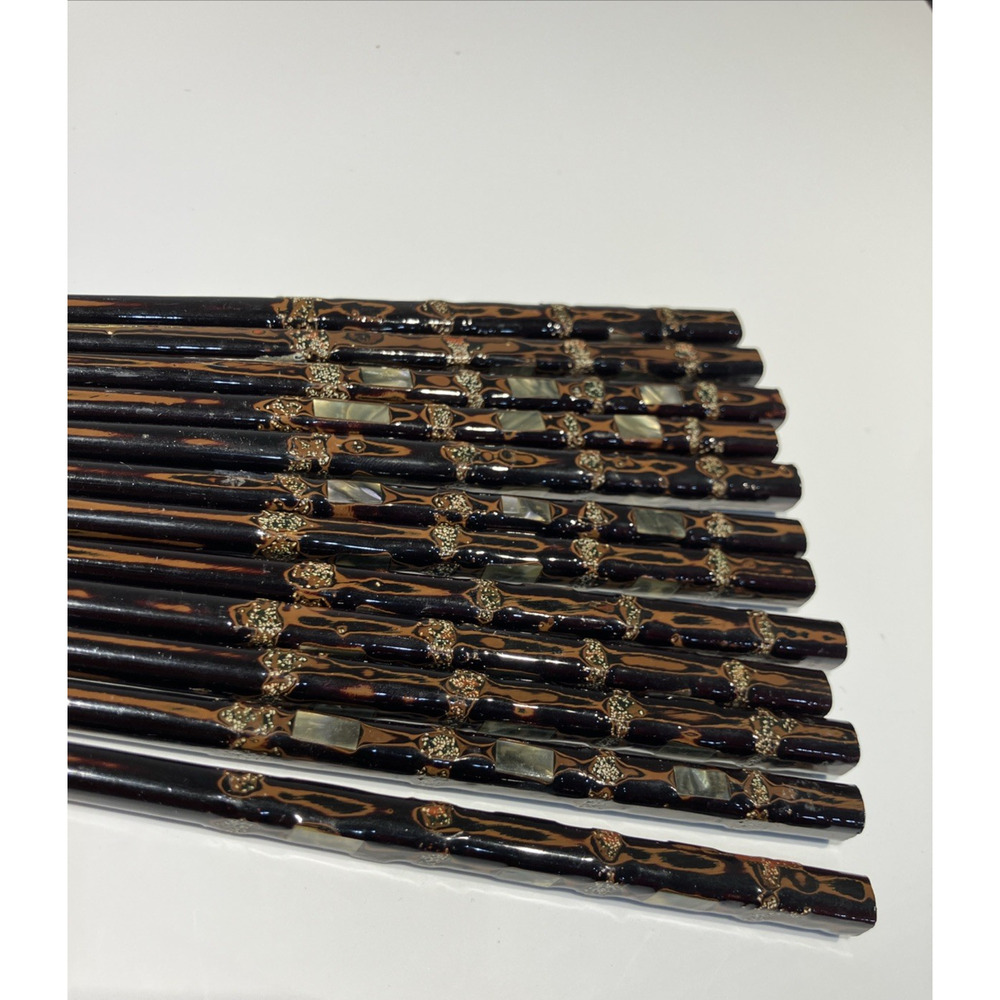 Set of 12 Vintage Lacquer Japanese Hand-Crafted Wood Inlay Decorative Chopstick